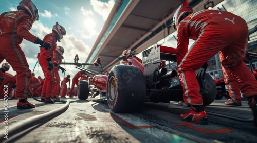 A professional pit crew is ready to spring into action when the team's race car reaches its lane during a pit stop. The concept of ultimate teamwork.