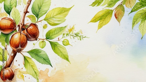 Watercolor Painting of Hazelnut Branch with Leaves
