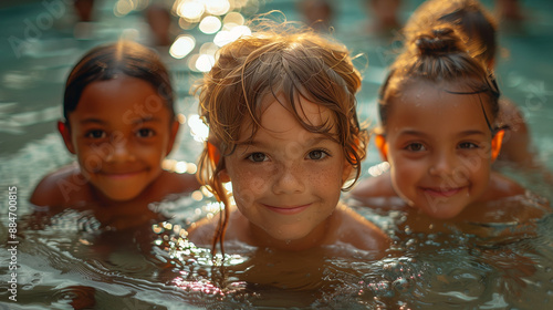 Cheerful multi-ethnic children enjoying at poolside . photo