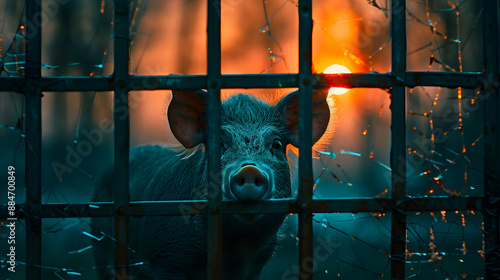 Pig Looking Through Broken Fence photo