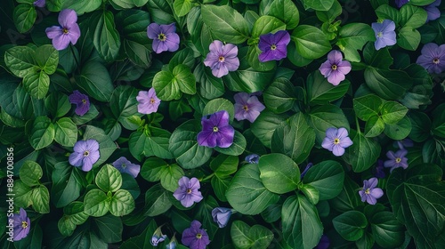 Birds-Eye View of Blooming Tigirdia, Tropaeolum Majus, Viola Tricolor, and Vinca Difformis photo