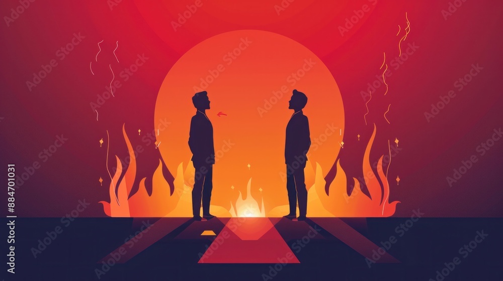 Naklejka premium People standing by fire with sun in background, travel and adventure concept