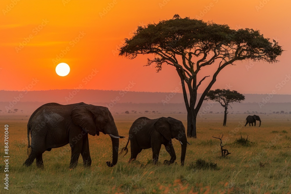 Fototapeta premium Tranquil scene of elephants roaming under a vivid sunset sky beside an iconic acacia tree