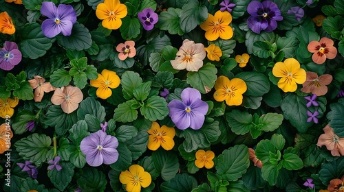 Aerial View of Blooming Tigirdia, Tropaeolum Majus, Viola Tricolor, and Vinca Difformis photo