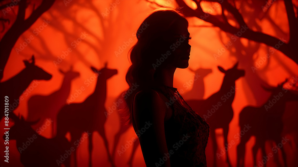 Silhouette of a Woman with Deer Shadows Silhouette of a Woman with Deer Shadows