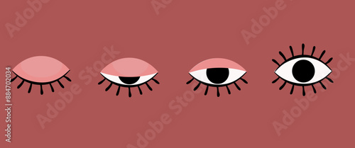 Vector illustration of open and closed eyes set. 