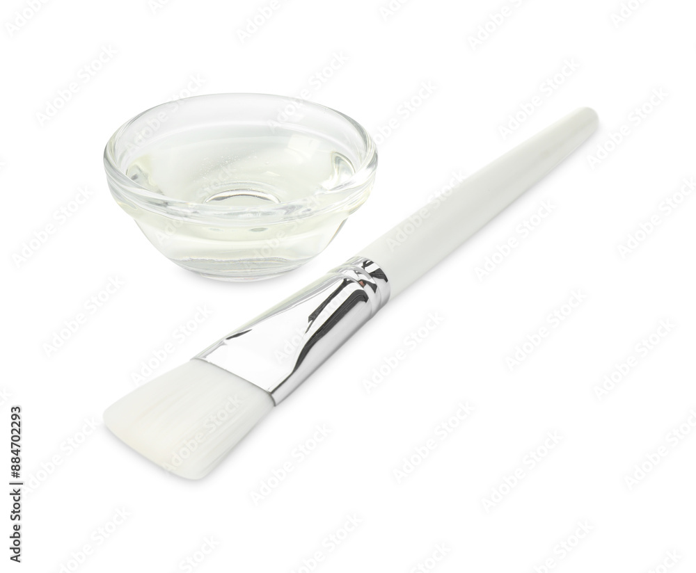 Bowl of chemical peel and brush isolated on white. Peeling procedure Bowl of chemical peel and brush isolated on white. Peeling procedure