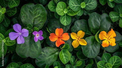 View from Above: Blooming Tigirdia, Tropaeolum Majus, Viola Tricolor, and Vinca Difformis photo