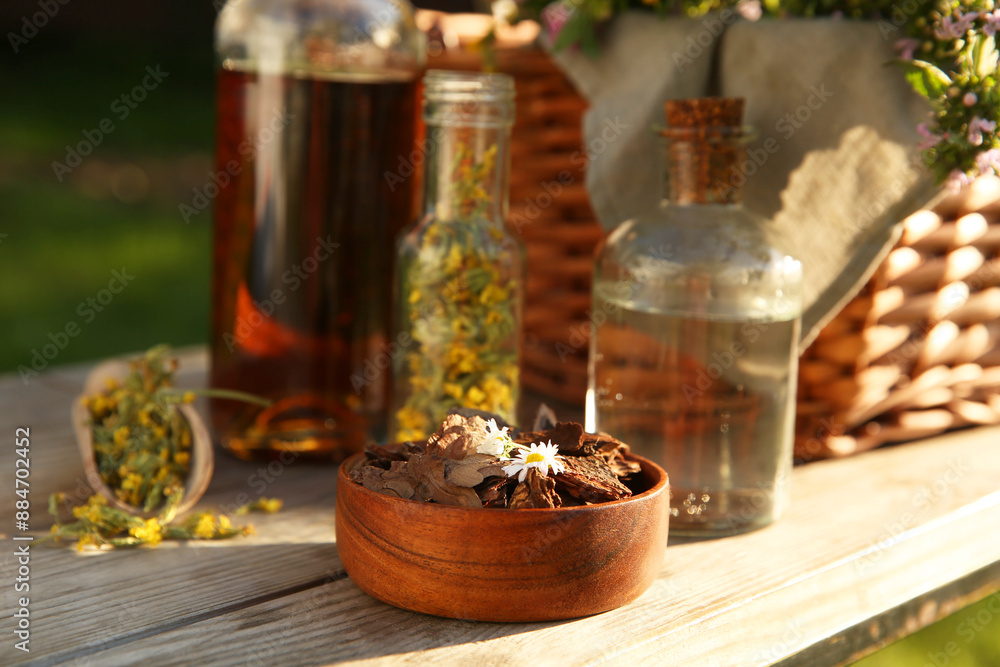 Different tinctures in bottles, bark chips and flowers on wooden bench outdoors, closeup Different tinctures in bottles, bark chips and flowers on wooden bench outdoors, closeup
