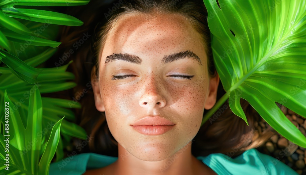 Beautiful Woman with Closed Eyes Surrounded by Lush Green Leaves, Relaxing in Nature, Serenity, Peace, Tranquility, Natural Beauty, Tropical Paradise, Summer Vacation, Sunshine, Skincare, Wellness Beautiful Woman with Closed Eyes Surrounded by Lush Green Leaves, Relaxing in Nature, Serenity, Peace, Tranquility, Natural Beauty, Tropical Paradise, Summer Vacation, Sunshine, Skincare, Wellness