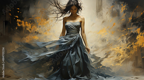 Contemporary Painting Of Elegant Dancing Woman In Cinematic Looks On Blurry Grunge Background © Image Lounge