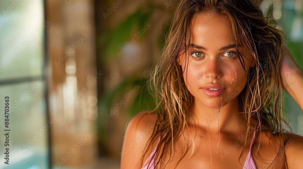 Woman with wet hair, running her fingers through her locks, after a shower She has long blonde hair and green eyes Her face is clean and natural, with a hint of makeup The background is blurred, with Woman with wet hair, running her fingers through her locks, after a shower She has long blonde hair and green eyes Her face is clean and natural, with a hint of makeup The background is blurred, with