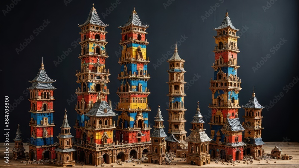 Obraz premium Miniature Cityscape of Tall Towers in a Fantasy Setting.
