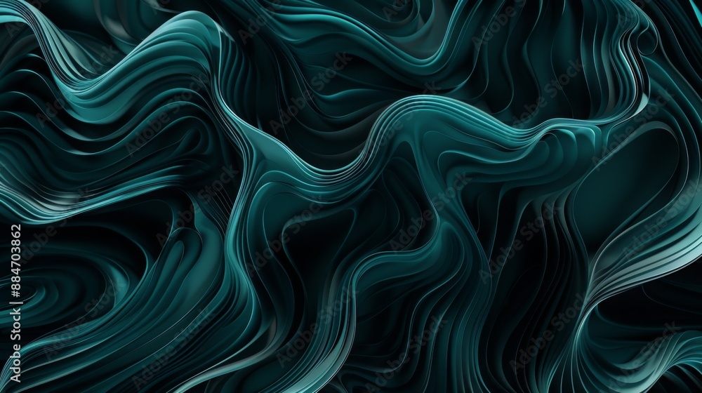 Fototapeta premium Minimalist Dark Cyan and Blue Twisted Waves on Black Background, Flowing Lines, Data Visualization, Ultra HD