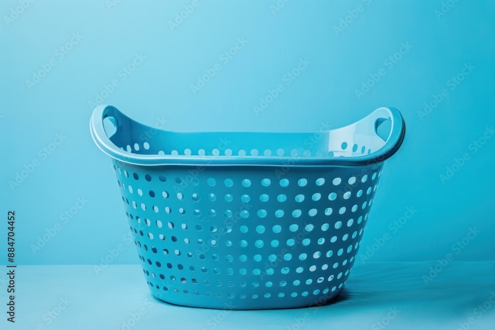 Empty blue laundry basket on a matching blue background with soft shadows Empty blue laundry basket on a matching blue background with soft shadows