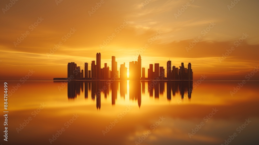 Modern Islamic architecture silhouetted against a fiery sunset, the golden light reflecting off glass and steel, with a distant horizon blending into the sky Modern Islamic architecture silhouetted against a fiery sunset, the golden light reflecting off glass and steel, with a distant horizon blending into the sky