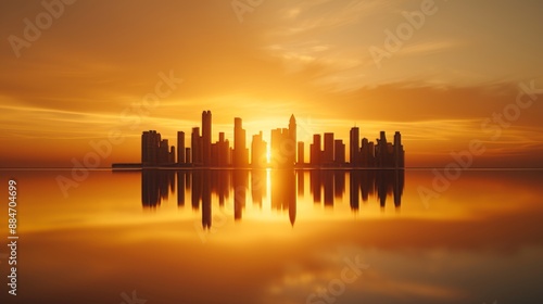 Modern Islamic architecture silhouetted against a fiery sunset, the golden light reflecting off glass and steel, with a distant horizon blending into the sky