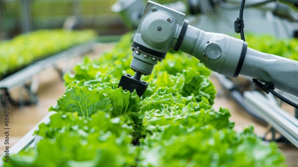 Smart farming technology uses robotic arms to harvest lettuce hydroponically. agricultural robot
