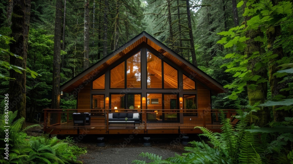 Rustic wooden cabin in a dense forest, surrounded by towering trees, large windows reflecting nature, cozy and inviting atmosphere Rustic wooden cabin in a dense forest, surrounded by towering trees, large windows reflecting nature, cozy and inviting atmosphere