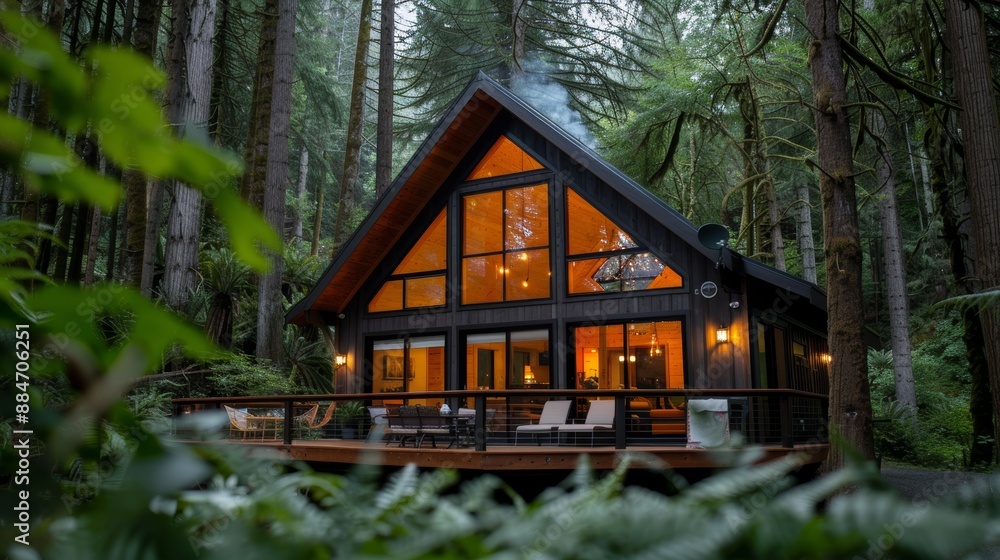 Rustic wooden cabin in a dense forest, surrounded by towering trees, large windows reflecting nature, cozy and inviting atmosphere Rustic wooden cabin in a dense forest, surrounded by towering trees, large windows reflecting nature, cozy and inviting atmosphere