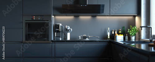 Modern Sleek Black Kitchen with Minimalist Design and High-End Appliances