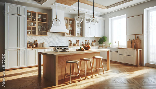 White and wooden kitchen interior with island