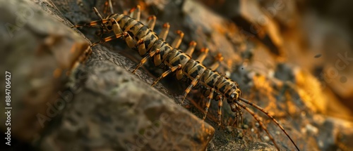 In a supernatural scene, a house centipede scurries across ancient stone walls, its many legs moving with uncanny speed and agility photo