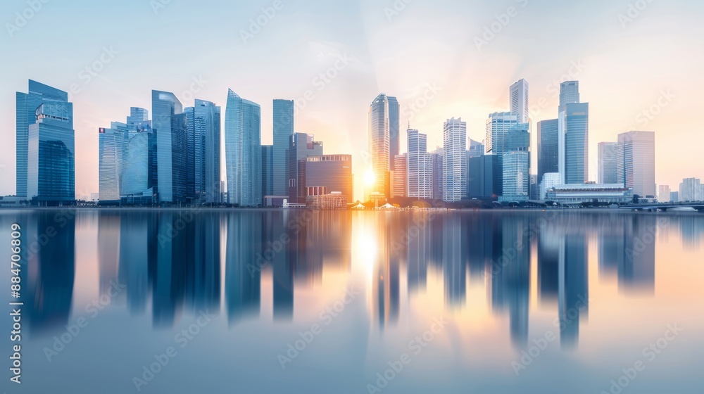 Urban skyline at sunrise, with reflections of skyscrapers on a calm river, and early morning commuters starting their day Urban skyline at sunrise, with reflections of skyscrapers on a calm river, and early morning commuters starting their day