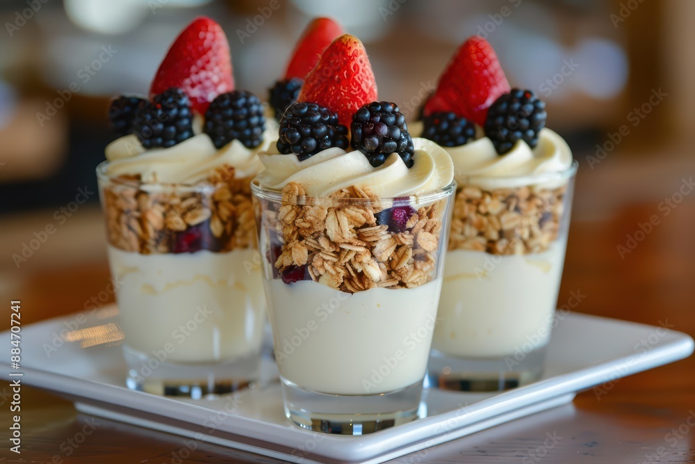 Parfait, layered with yogurt, granola, and fresh fruit, is both delicious and visually appealing Parfait, layered with yogurt, granola, and fresh fruit, is both delicious and visually appealing