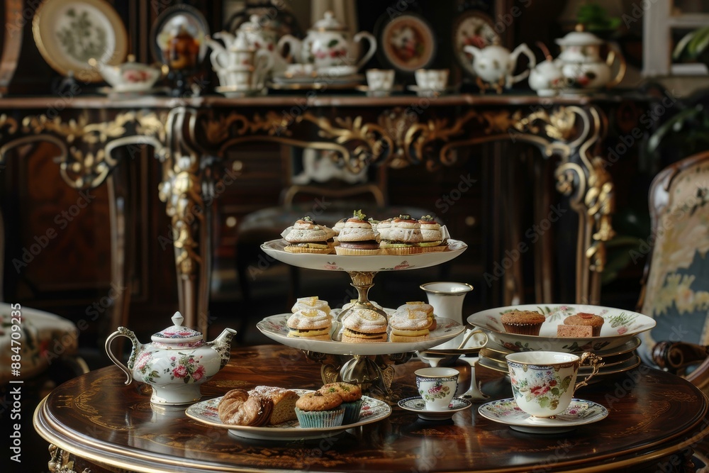 Fototapeta premium Luxurious tea time arrangement with sweets and ornate tea cups on a classic wooden table