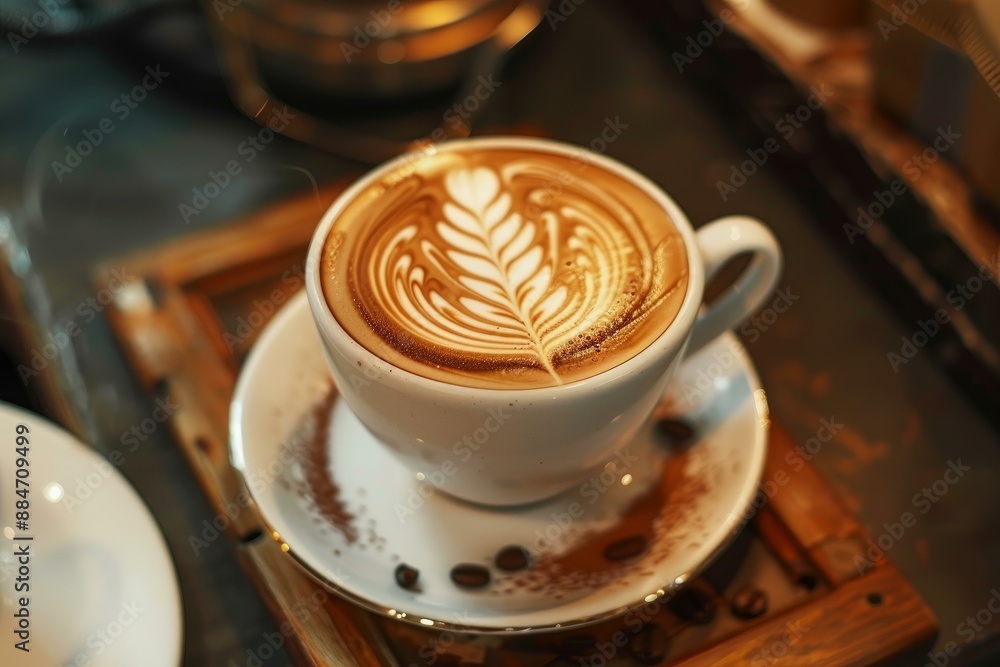 Closeup image of a beautifully crafted latte with intricate foam art, set on a rustic wooden surface Closeup image of a beautifully crafted latte with intricate foam art, set on a rustic wooden surface