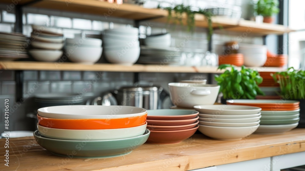 A kitchen counter with a variety of plates and bowls, including some orange A kitchen counter with a variety of plates and bowls, including some orange