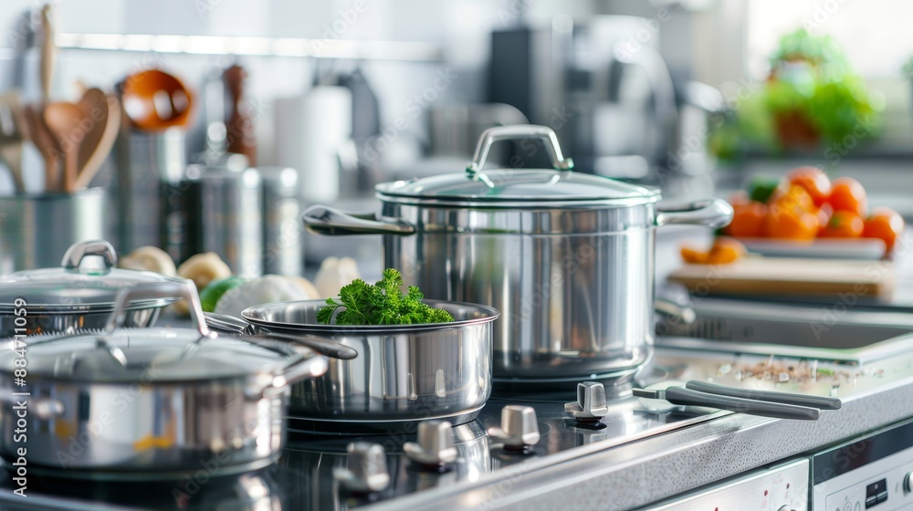 A kitchen counter with a variety of pots and pans A kitchen counter with a variety of pots and pans