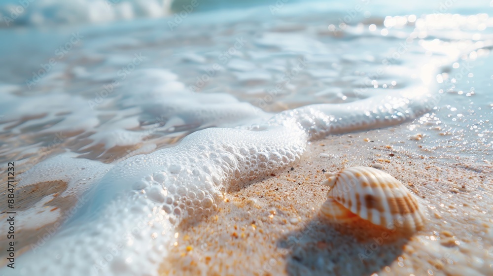 Tropical sandy beach, sea waves and sea shells. Tropical background. Macro ocean foam and white sand with narrow focus background. Travel and vacation ideas Tropical sandy beach, sea waves and sea shells. Tropical background. Macro ocean foam and white sand with narrow focus background. Travel and vacation ideas