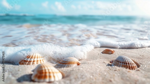 Tropical sandy beach, sea waves and sea shells. Tropical background. Macro ocean foam and white sand with narrow focus background. Travel and vacation ideas © ศิริชาติ ชุมพล