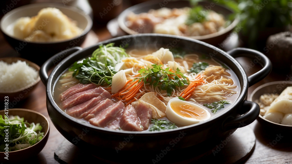 Taste of Tradition Begin with a close-up shot of a traditional Chinese hot pot bubbling with savory broth. Slowly reveal an array of fresh toppings arranged neatly around the pot—thinly sliced meats Taste of Tradition Begin with a close-up shot of a traditional Chinese hot pot bubbling with savory broth. Slowly reveal an array of fresh toppings arranged neatly around the pot—thinly sliced meats
