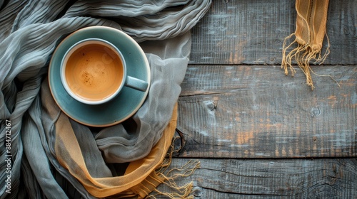 Coffee cup and old scarf on dark wood backdrop photo