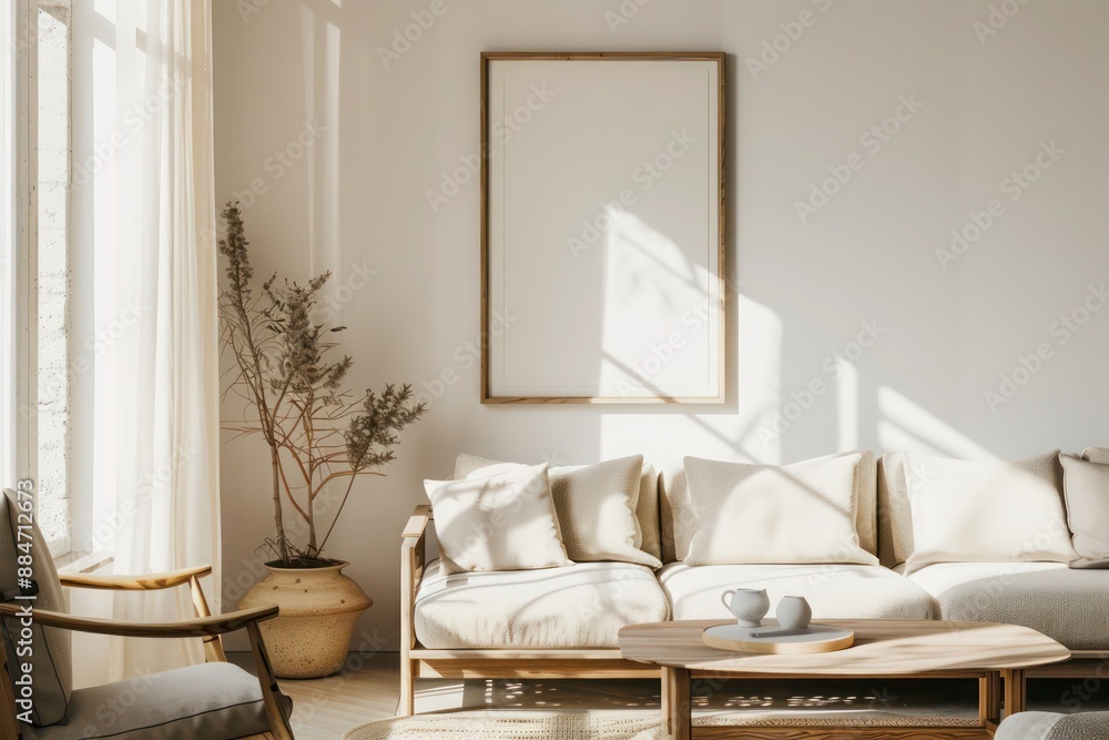 Fototapeta premium Simple and cozy minimalist room with a sofa, coffee table, chair, and framed poster above, against a white or creamy backdrop