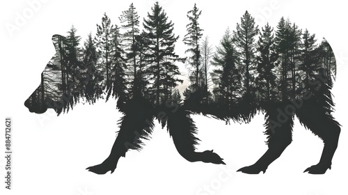 Powerful silhouette of a wild animal such as a wolf bear or cougar emerging from the dense moody forest landscape  The dark minimalist silhouette creates a dramatic mysterious and conceptual design