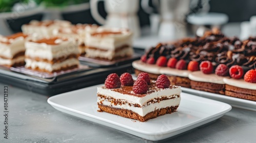 Delicious assortment of desserts on display, featuring layered cakes with raspberries and chocolate pastries. Perfect for food lovers and events. photo