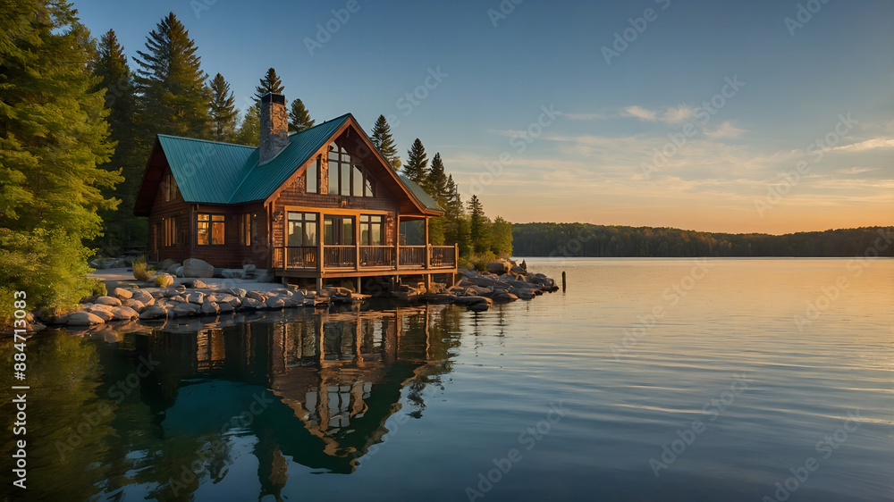 Fototapeta premium High-Resolution Image of Lakeside Cottage with Picturesque Sunset View