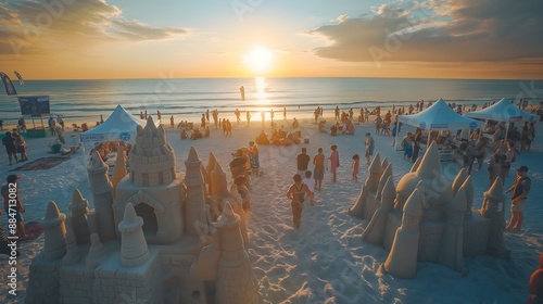 Fototapeta Naklejka Na Ścianę i Meble -  49. A lively beachside summer festival with sandcastle contests, beach games, and sunset views over the ocean