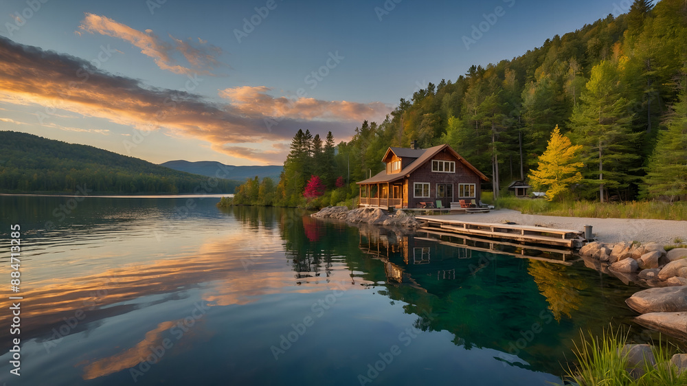 Obraz premium High-Resolution Image of Lakeside Cottage with Picturesque Sunset View
