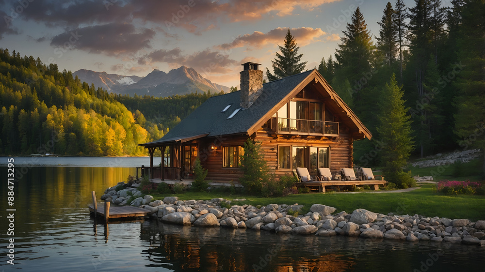Fototapeta premium High-Resolution Image of Lakeside Cottage with Picturesque Sunset View
