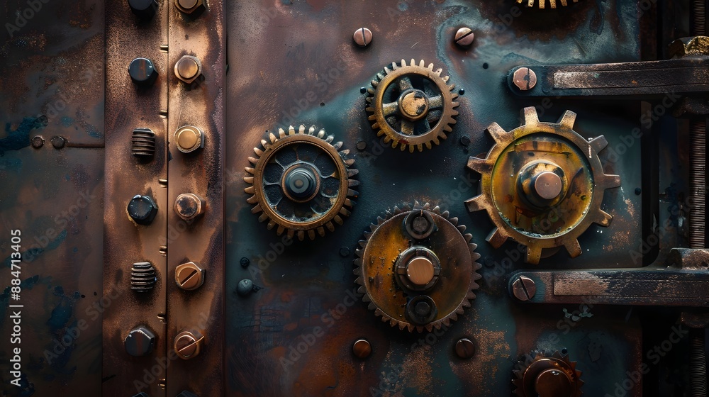 Interlocking Machinery with Aged Copper and Brass Accents in Dramatic Chiaroscuro Style Interlocking Machinery with Aged Copper and Brass Accents in Dramatic Chiaroscuro Style