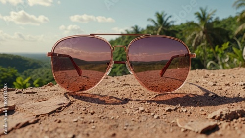 Wallpaper Mural Sunglasses on a Brown Surface with a Tropical Landscape Reflection. Torontodigital.ca