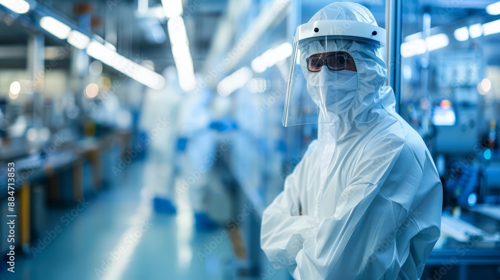 A worker or engineer wearing a protective suit or white overalls works in a semiconductor manufacturing plant. A worker or engineer wearing a protective suit or white overalls works in a semiconductor manufacturing plant.