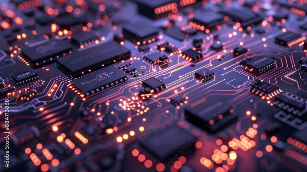 Obraz premium Close Up of a Circuit Board with Glowing Red Lines