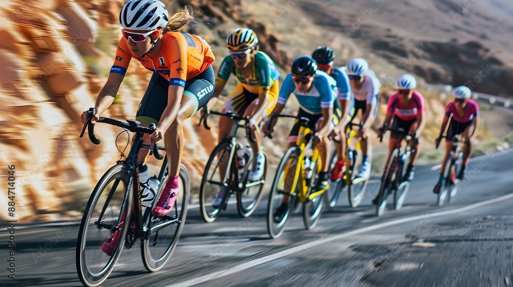Fototapeta premium Group of Female Cyclists Racing Down Open Road Colorful Jerseys Focused Gazes Motion Blur Dramatic Angle Sports Documentary Aesthetic