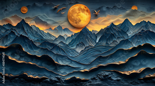 3d modern art mural wallpaper with dark blue and golden wave background. mountains, golden deer and birds. gold on a dark blue backdrop background .